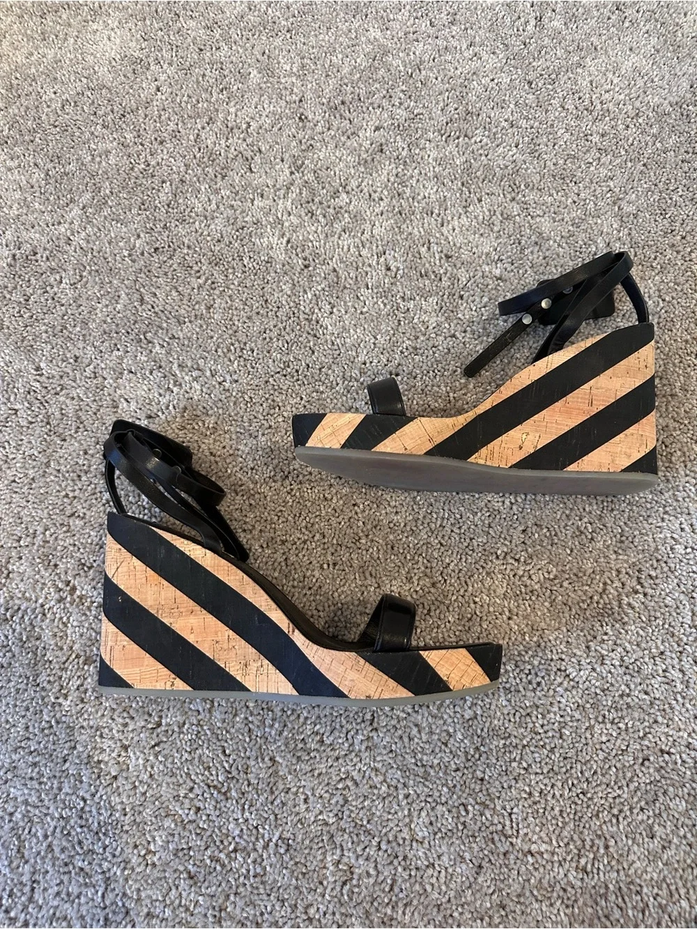Off-White Black Leather Cork-Trim Wedge Sandals